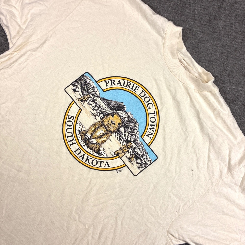 Vintage Single Stitch Hanes T-Shirt Mens XL Cream Prairie‎ Dog Town South Dakota